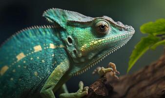 Green colored chameleon close up. . photo