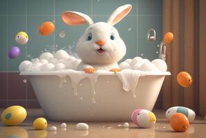 cute bunny taking a bath in a bath with balls. photo