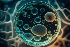 close-up of bacteria, with magnifying glass in the background. photo