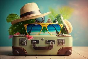 luggage bag with hat and glasses for travel with beach background. summer photo concept.