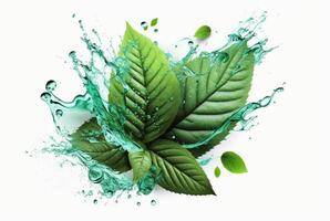 Green mint leaf with water splash isolated on white background. photo