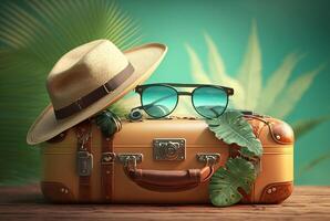 luggage bag with hat and glasses for travel with beach background. summer photo concept.