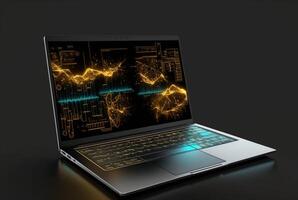 laptop with data analytics isolated black background. photo
