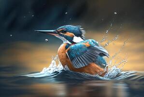 closeup of kingfisher bird over river water. photo