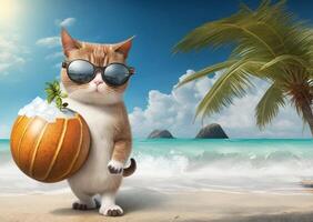 cute cat wearing glasses on the beach and holding a young coconut. summer photo concept.