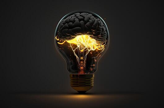 Lightbulb and Human Brain with Inside a lightbulb is a luminous human brain against a dark background. photo