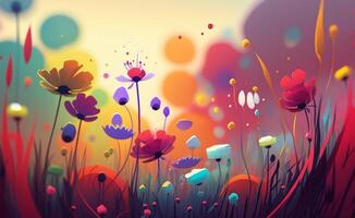 Colorful flowers and grass painted background. photo