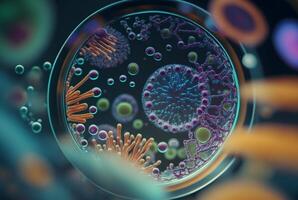 close-up of bacteria, with magnifying glass in the background. photo