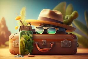 luggage bag with hat and glasses for travel with beach background. summer photo concept.