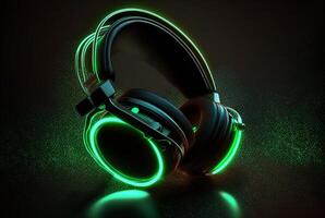 Headphones with neon light on dark background. photo