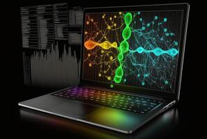 laptop with data analytics isolated black background. photo