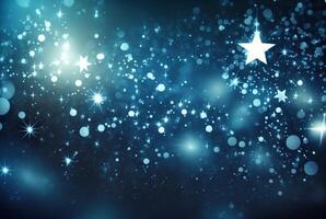 Abstract silver background with white particles and stars. Round bokeh or glitter lights. photo