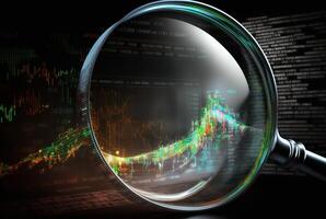 Magnifying glass search for investment and stock market. photo