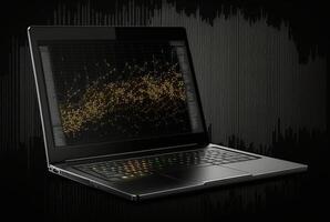 laptop with data analytics isolated black background. photo