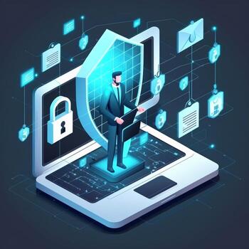 3D illustration of cyber online security with high-tech padlock protecting a laptop computer on a desk. photo