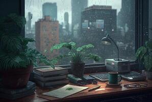 a table with a book and a plant on it in front of a window with a view of the city outside the rainy window. photo