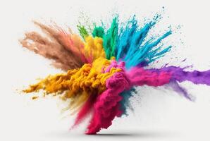 Holi color powder explosion with rainbow on isolated white background, burst of vibrant colors. photo