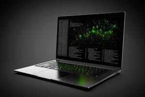 laptop with data analytics isolated black background. photo