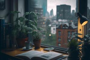 un mesa con un libro y un planta en eso en frente de un ventana con un ver de el ciudad fuera de el lluvioso ventana. generativo ai foto