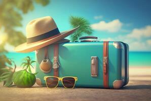 luggage bag with hat and glasses for travel with beach background. summer photo concept.