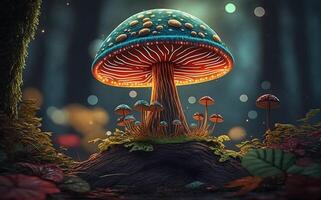 Magic mushroom in the forest glowing in the night, . photo