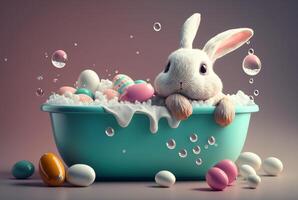 cute bunny taking a bath in a bath with balls. photo