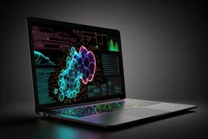 laptop with data analytics isolated black background. photo
