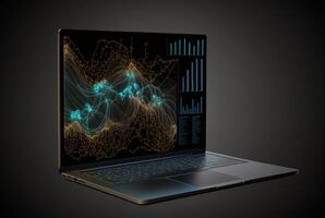 laptop with data analytics isolated black background. photo