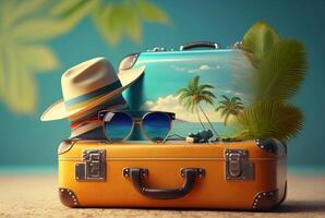 luggage bag with hat and glasses for travel with beach background. summer photo concept.