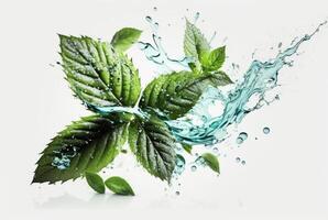 Green mint leaf with water splash isolated on white background. photo