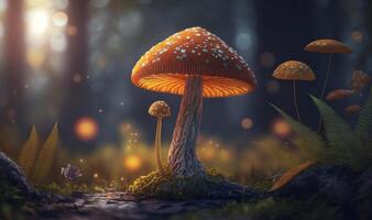 Magic mushroom in the forest glowing in the night, . photo