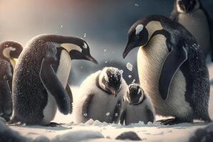 pingüinos jugando en el nieve. generativo ai foto
