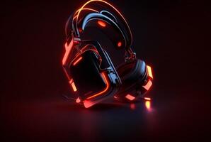 Headphones with neon light on dark background. photo