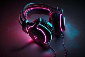 Headphones with neon light on dark background. photo