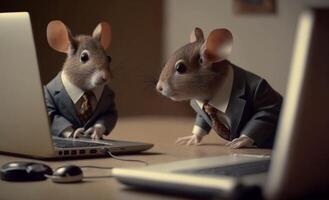 Portrait of businessman mouse wearing suit playing on laptop. photo