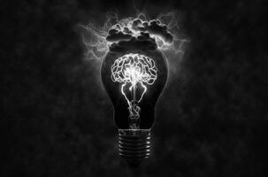 Lightbulb and Human Brain with Inside a lightbulb is a luminous human brain against a dark background. photo