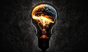 Lightbulb and Human Brain with Inside a lightbulb is a luminous human brain against a dark background. photo