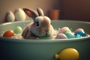 cute bunny taking a bath in a bath with balls. photo