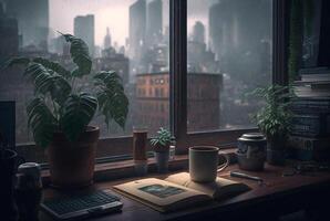 un mesa con un libro y un planta en eso en frente de un ventana con un ver de el ciudad fuera de el lluvioso ventana. generativo ai foto