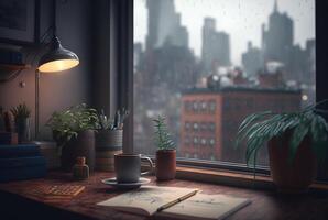 un mesa con un libro y un planta en eso en frente de un ventana con un ver de el ciudad fuera de el lluvioso ventana. generativo ai foto