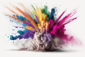 Holi color powder explosion with rainbow on isolated white background, burst of vibrant colors. photo