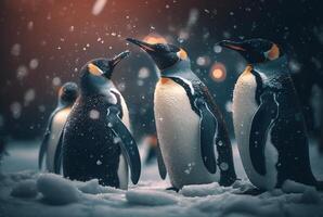 penguins playing in the snow. photo