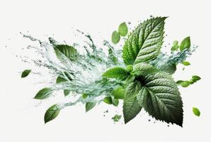 Green mint leaf with water splash isolated on white background. photo
