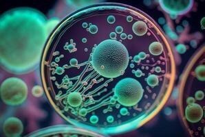 close-up of bacteria, with magnifying glass in the background. photo