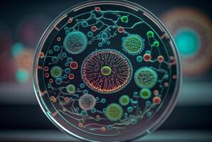 close-up of bacteria, with magnifying glass in the background. photo