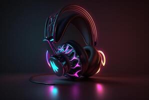 Headphones with neon light on dark background. photo