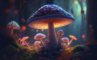 Magic mushroom in the forest glowing in the night, . photo