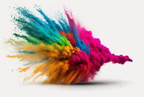 Holi color powder explosion with rainbow on isolated white background, burst of vibrant colors. photo