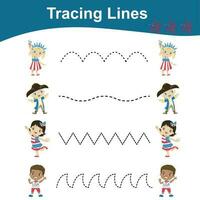 Tracing Lines Game Fourth July Edition. Worksheet activity for kids. Motoric activity for children. Educational printable worksheet. Vector File.