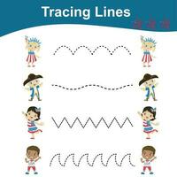 Tracing Lines Game Fourth July Edition. Worksheet activity for kids. Motoric activity for children. Educational printable worksheet. Vector File.